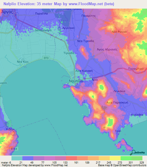 Nafplio,Greece Elevation Map