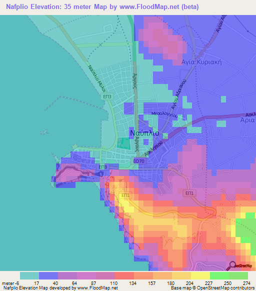 Nafplio,Greece Elevation Map