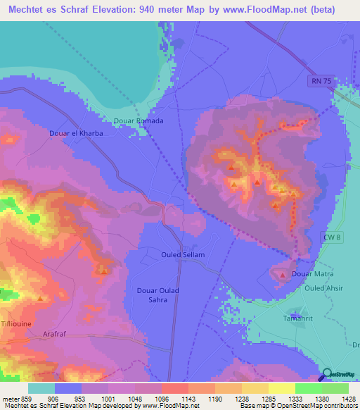 Mechtet es Schraf,Algeria Elevation Map