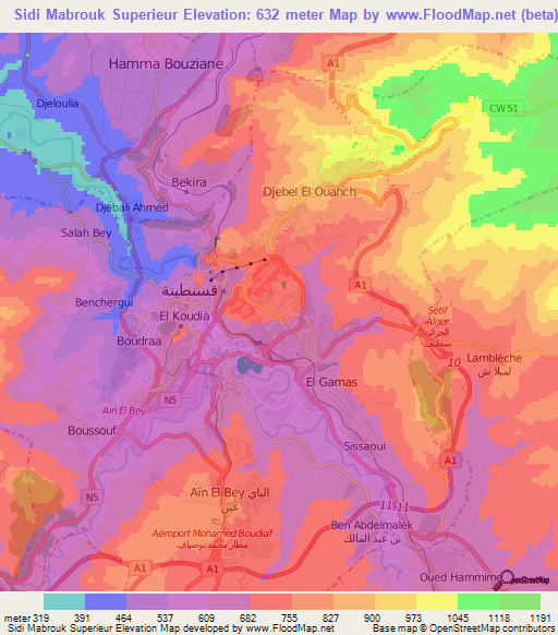 Sidi Mabrouk Superieur,Algeria Elevation Map