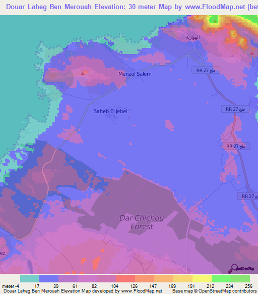 Douar Laheg Ben Merouah,Tunisia Elevation Map