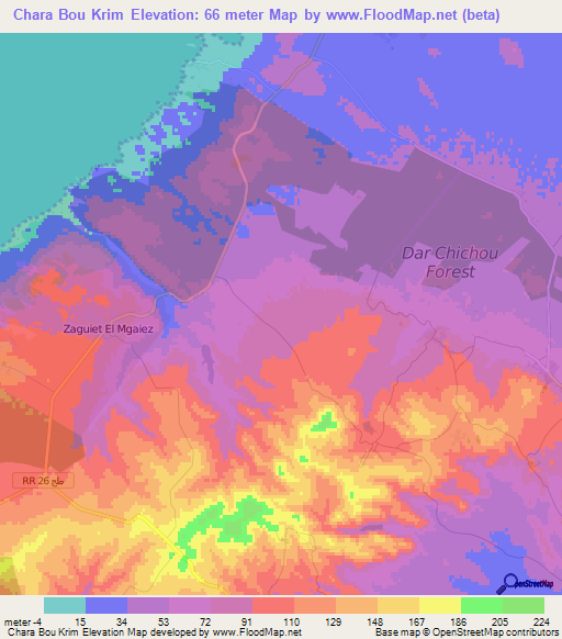 Chara Bou Krim,Tunisia Elevation Map