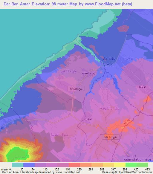 Dar Ben Amar,Tunisia Elevation Map