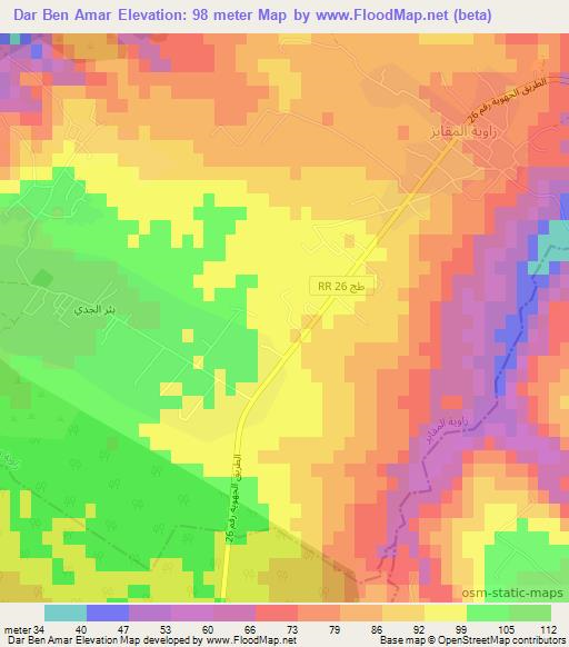 Dar Ben Amar,Tunisia Elevation Map