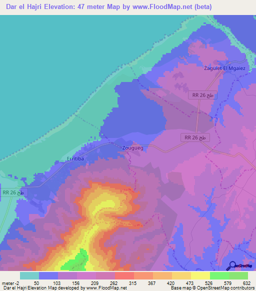 Dar el Hajri,Tunisia Elevation Map