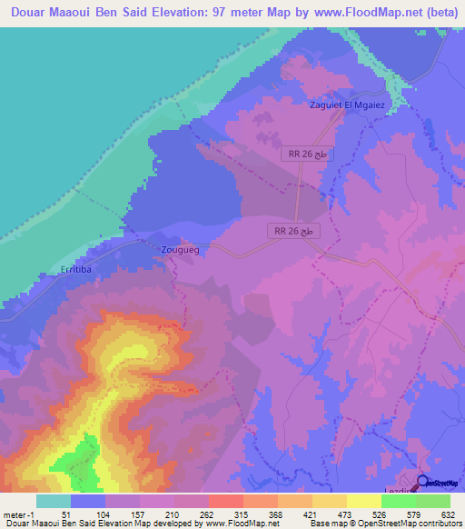Douar Maaoui Ben Said,Tunisia Elevation Map
