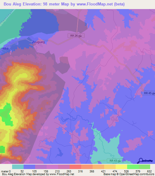 Bou Aleg,Tunisia Elevation Map