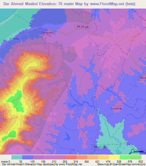 Dar Ahmed Msakni,Tunisia Elevation Map
