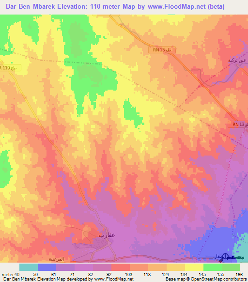 Dar Ben Mbarek,Tunisia Elevation Map