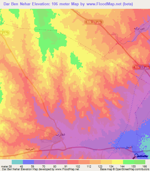 Dar Ben Nehar,Tunisia Elevation Map