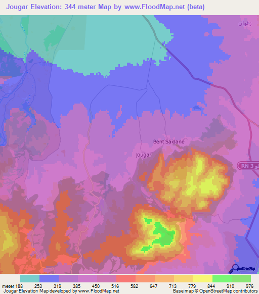 Jougar,Tunisia Elevation Map