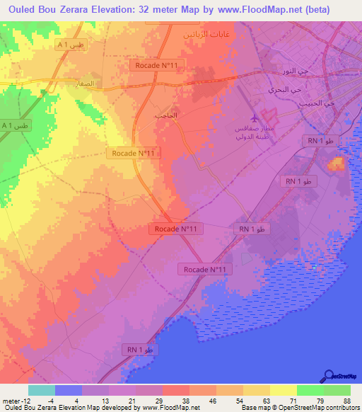 Ouled Bou Zerara,Tunisia Elevation Map