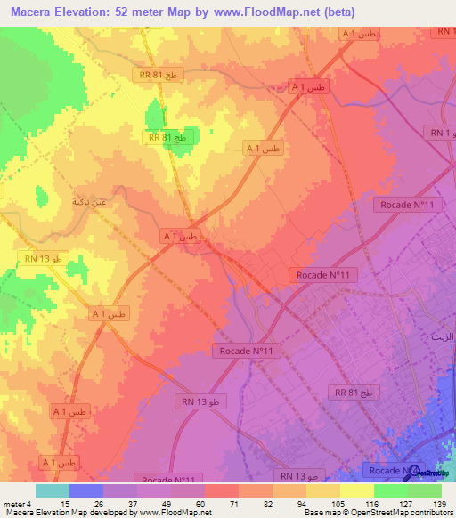 Macera,Tunisia Elevation Map