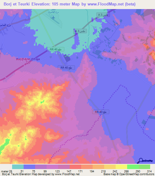 Borj et Teurki,Tunisia Elevation Map