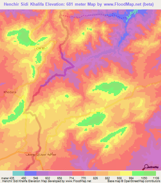 Henchir Sidi Khalifa,Tunisia Elevation Map