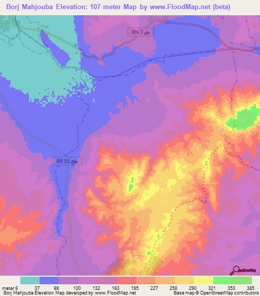 Borj Mahjouba,Tunisia Elevation Map