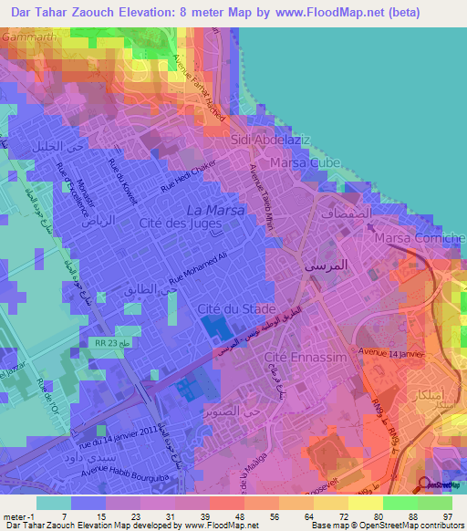 Dar Tahar Zaouch,Tunisia Elevation Map