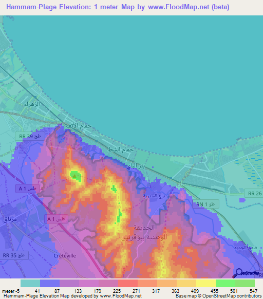 Hammam-Plage,Tunisia Elevation Map