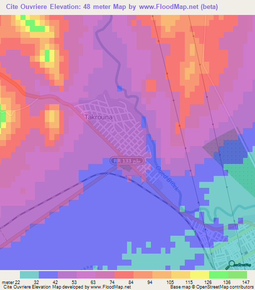 Cite Ouvriere,Tunisia Elevation Map