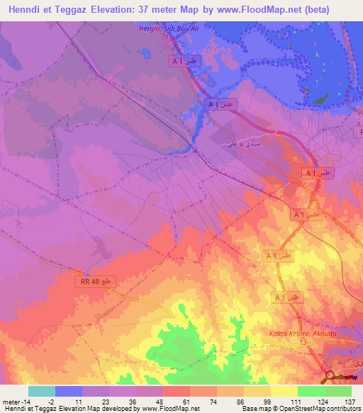 Henndi et Teggaz,Tunisia Elevation Map