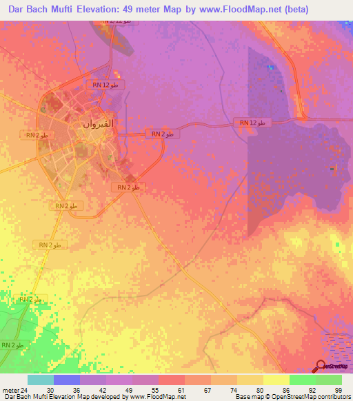 Dar Bach Mufti,Tunisia Elevation Map