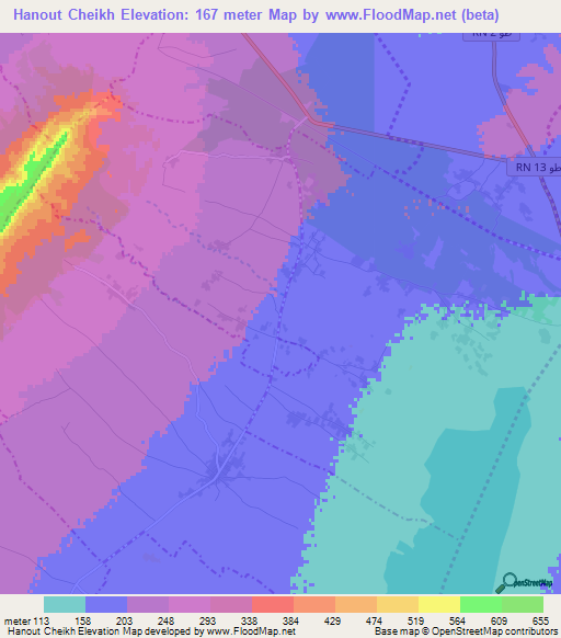 Hanout Cheikh,Tunisia Elevation Map