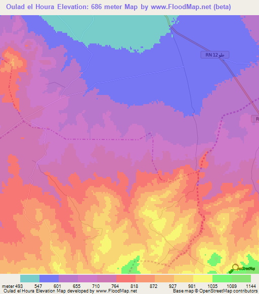 Oulad el Houra,Tunisia Elevation Map