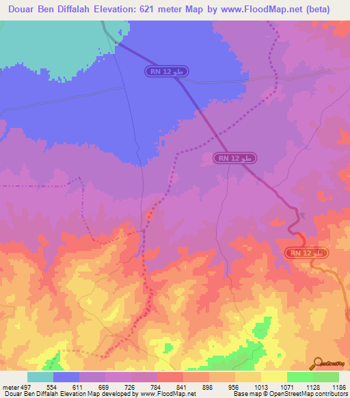 Douar Ben Diffalah,Tunisia Elevation Map