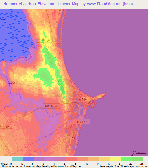 Houmet el Jerbou,Tunisia Elevation Map