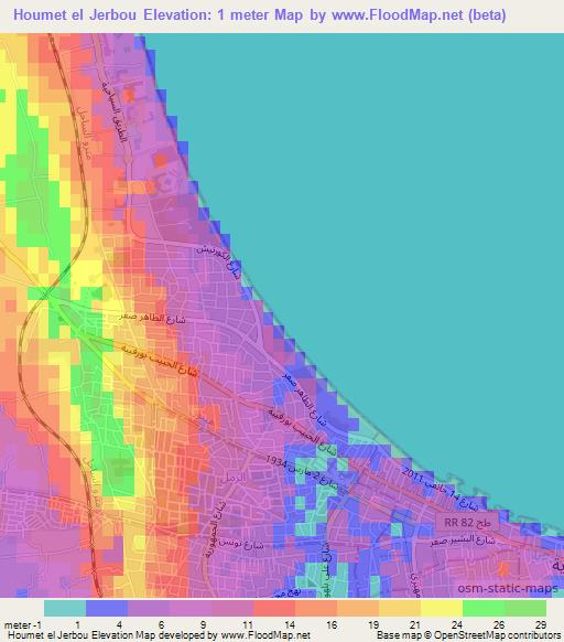 Houmet el Jerbou,Tunisia Elevation Map