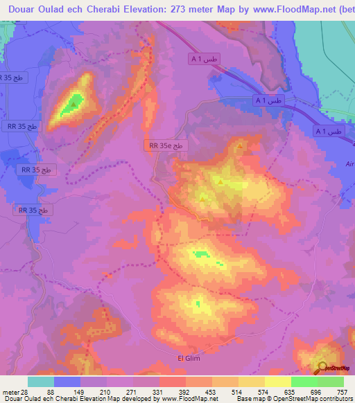 Douar Oulad ech Cherabi,Tunisia Elevation Map