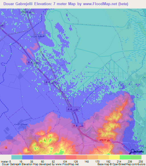 Douar Gabrejelli,Tunisia Elevation Map