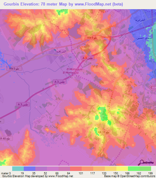 Gourbis,Tunisia Elevation Map