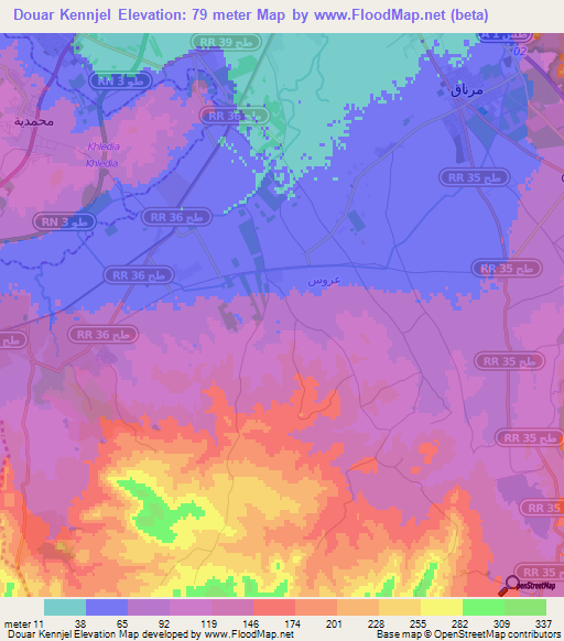 Douar Kennjel,Tunisia Elevation Map