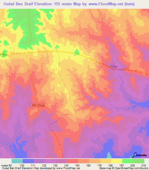 Oulad Ben Draif,Tunisia Elevation Map