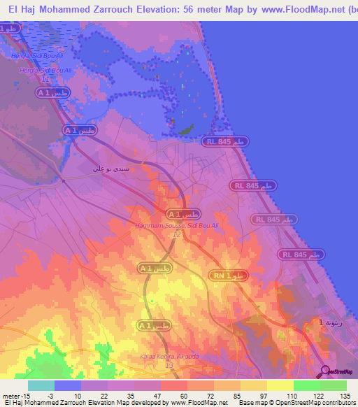 El Haj Mohammed Zarrouch,Tunisia Elevation Map