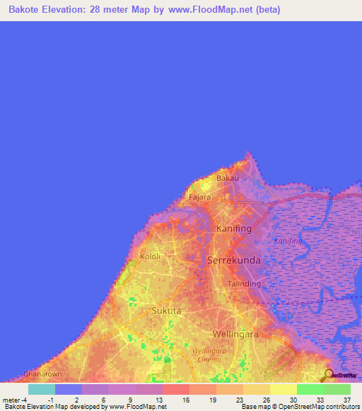 Bakote,Gambia Elevation Map