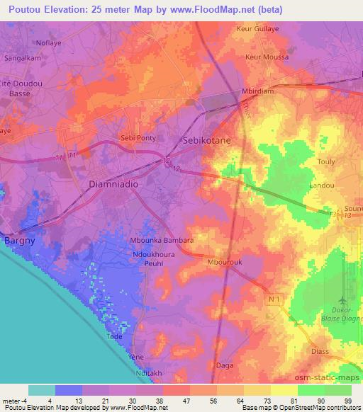 Poutou,Senegal Elevation Map