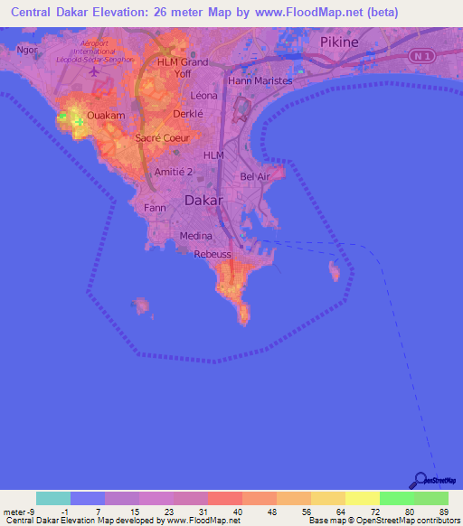 Central Dakar,Senegal Elevation Map
