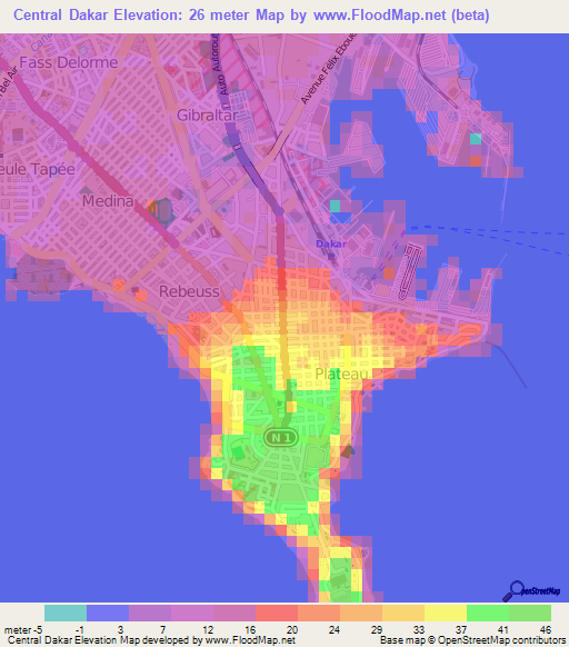 Central Dakar,Senegal Elevation Map