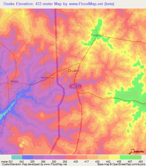 Ouake,Benin Elevation Map