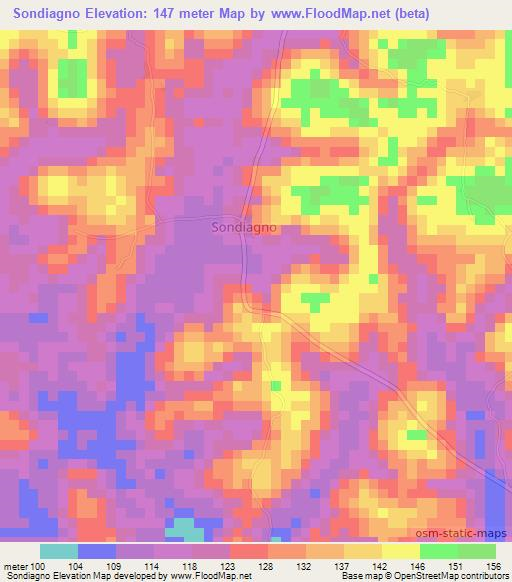 Sondiagno,Ivory Coast Elevation Map