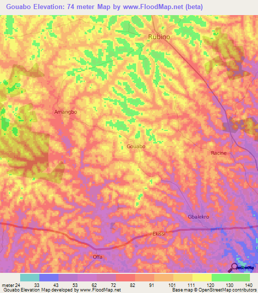 Gouabo,Ivory Coast Elevation Map