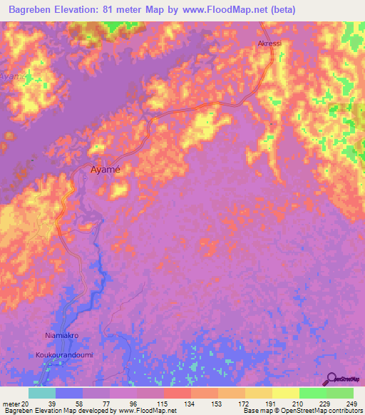 Bagreben,Ivory Coast Elevation Map