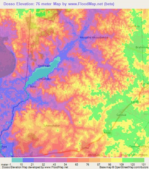 Dosso,Ivory Coast Elevation Map