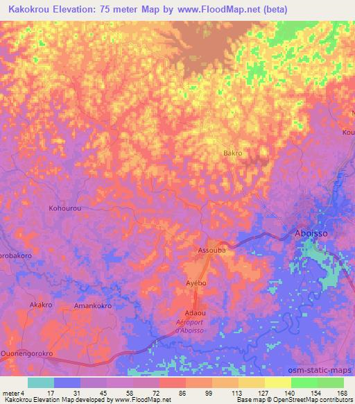 Kakokrou,Ivory Coast Elevation Map