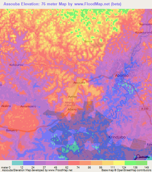 Assouba,Ivory Coast Elevation Map