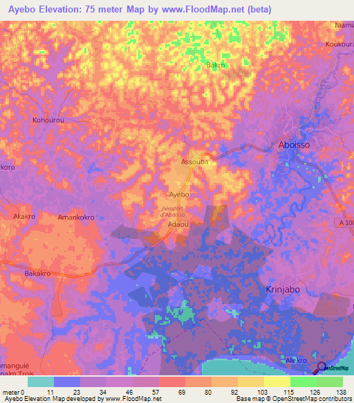 Ayebo,Ivory Coast Elevation Map