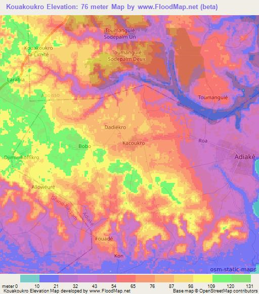 Kouakoukro,Ivory Coast Elevation Map
