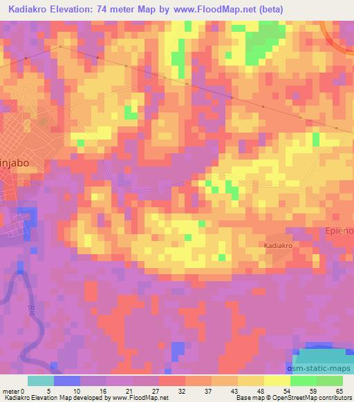 Kadiakro,Ivory Coast Elevation Map